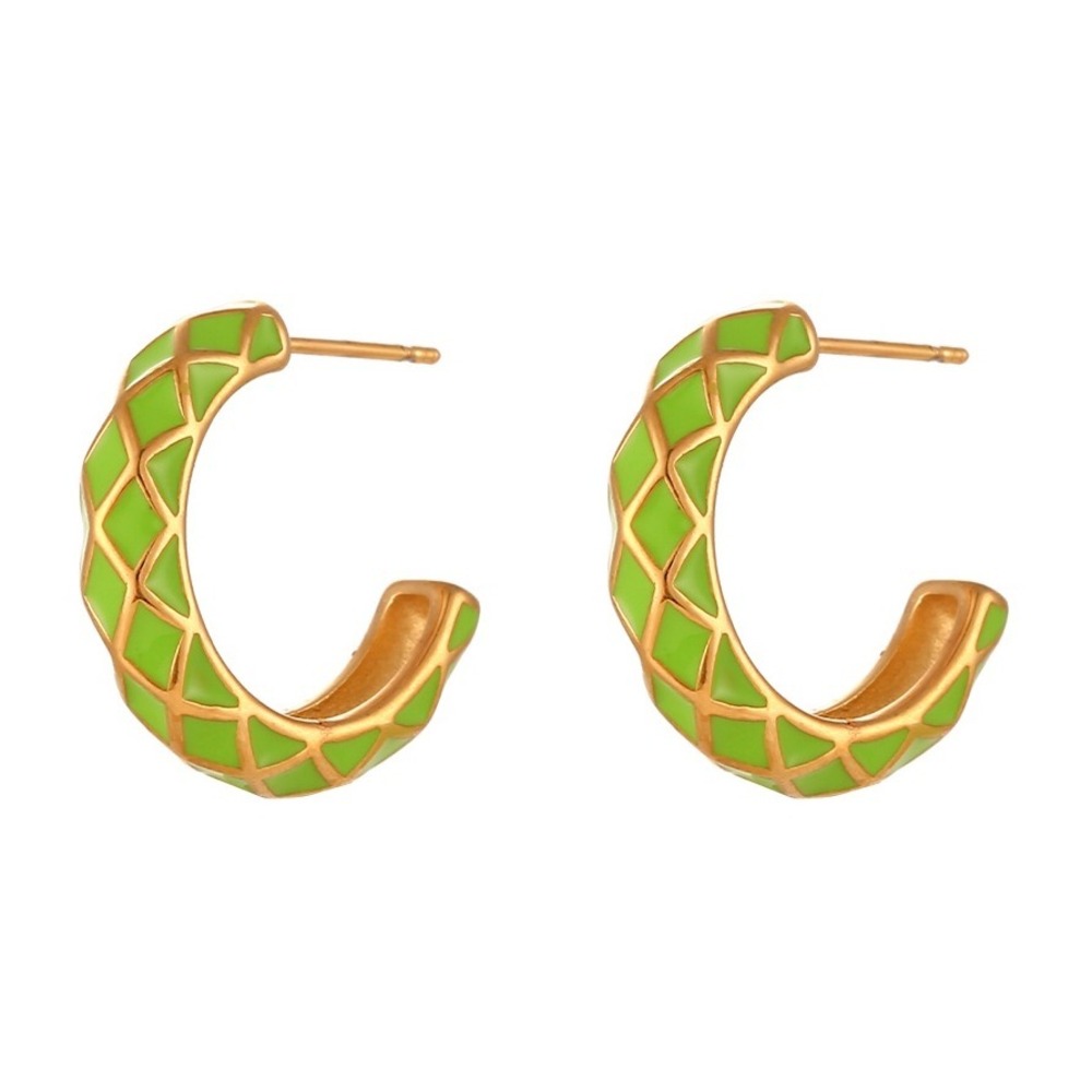 Lime Green Geometric Pattern Hoop‎ Earrings 18K Gold Plated Stainless